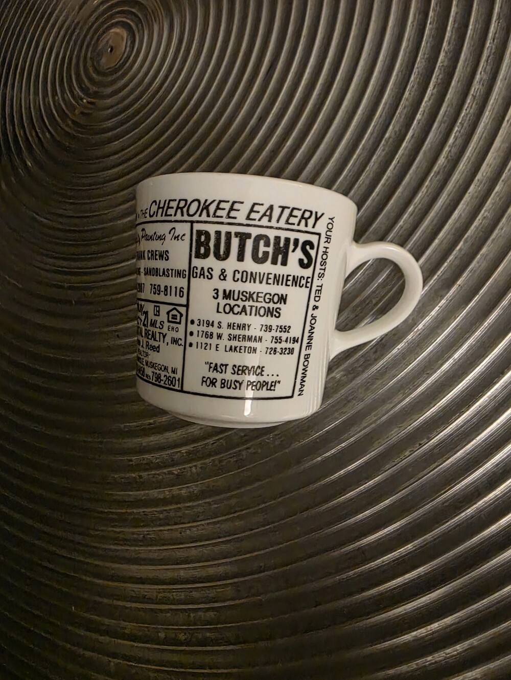 Corningware White Mug with Black Retro Advertisement Print